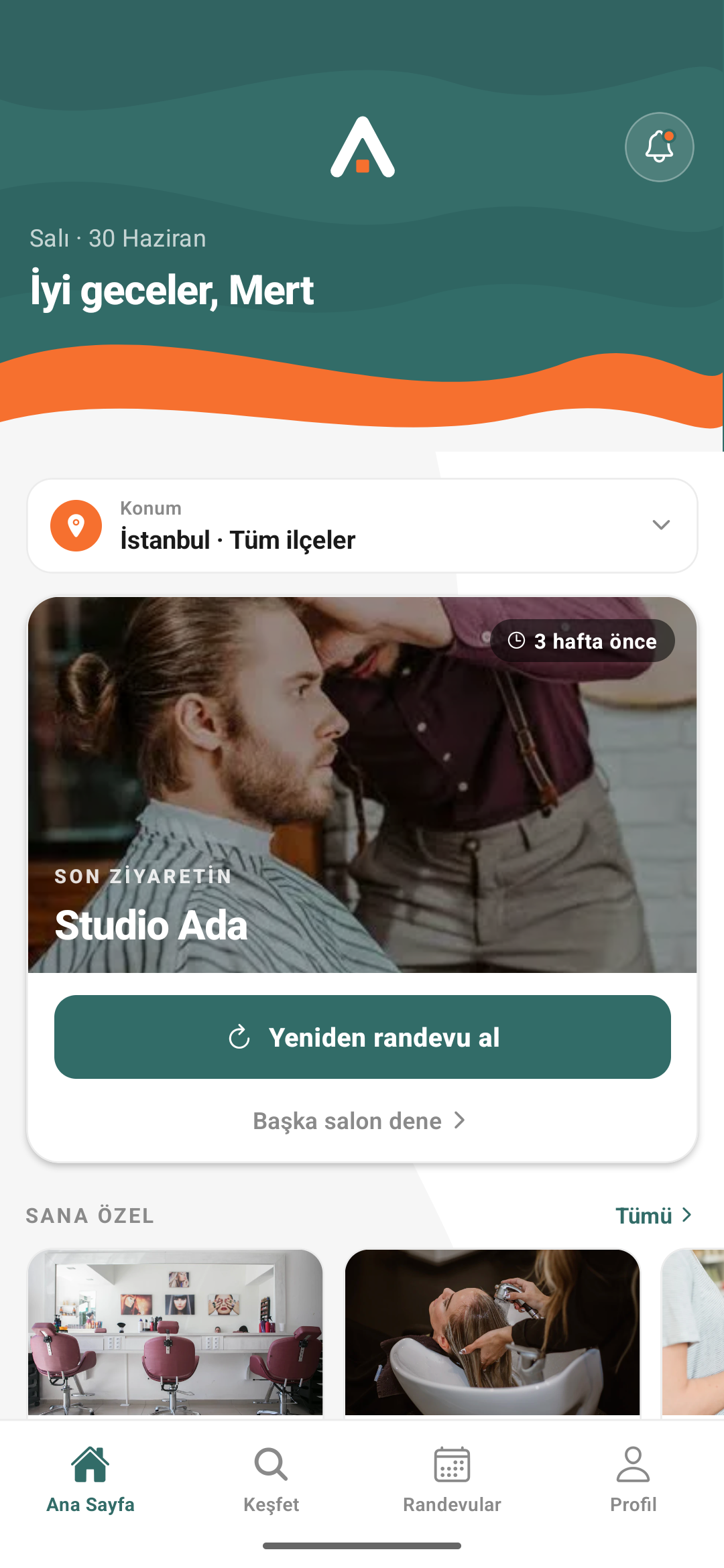 Ada Randevu mobil uygulaması: müşteri ana ekranı, yaklaşan randevu ve sana özel salonlar