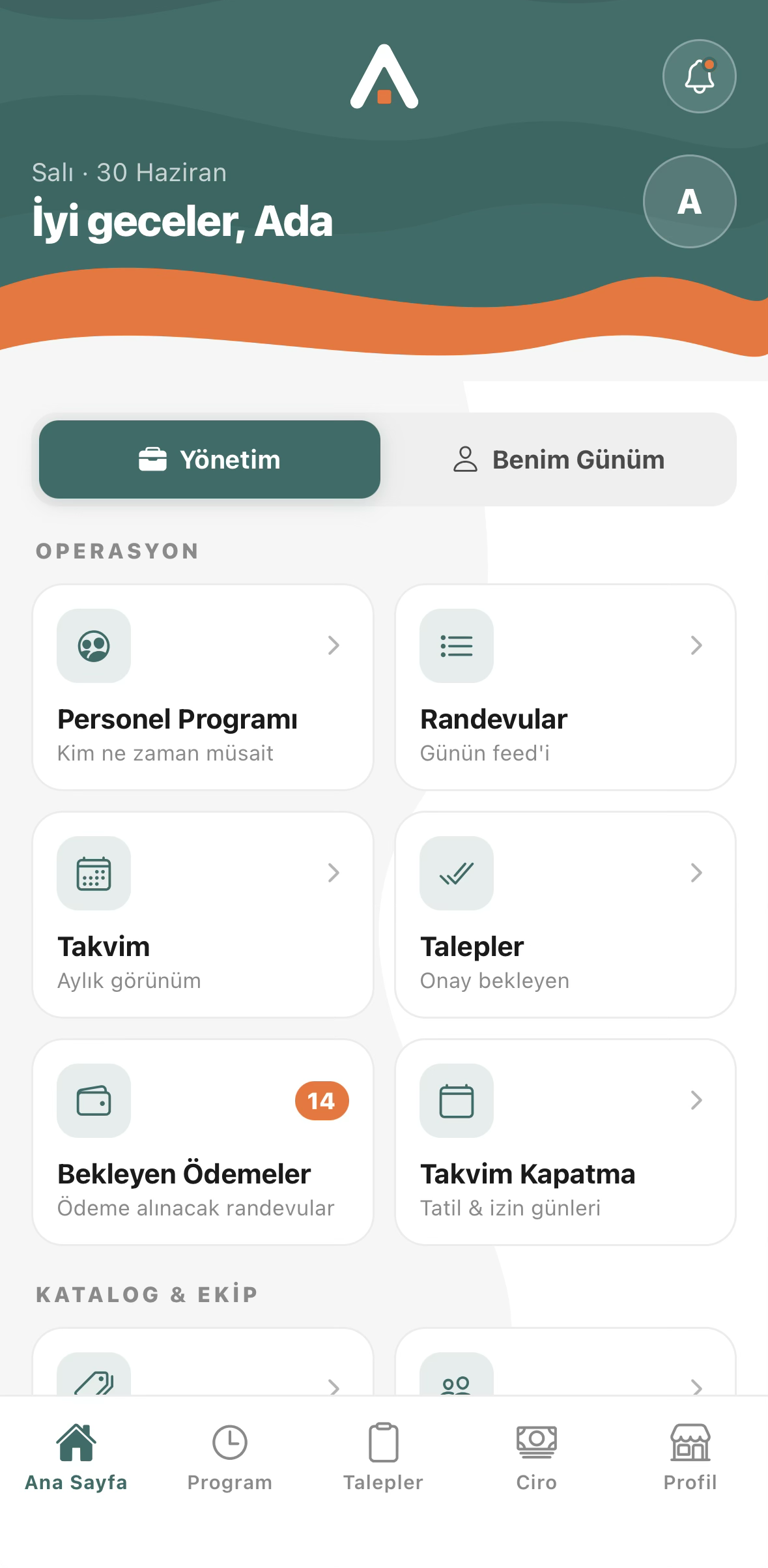 Ada Randevu işletme uygulaması: salon yönetim ana ekranı